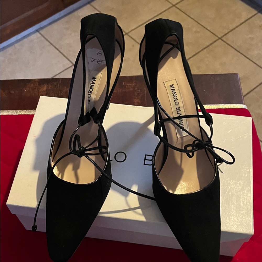 Manolo Blahnik Black Lace-Up Heels